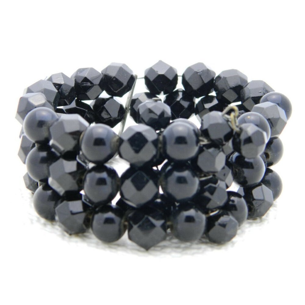 Silver Tone Black Faceted Crystal Glass Bracelet